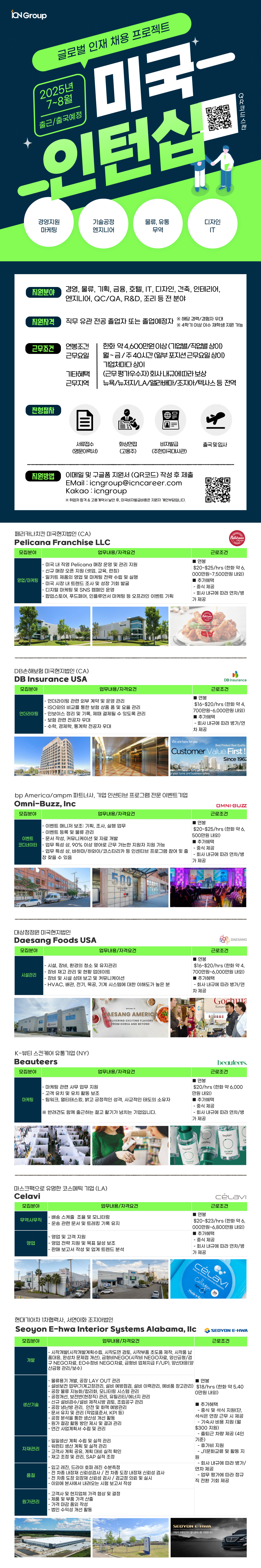 경영지원 기술공정 물류, 유통 디자인 마케팅 엔지니어 무역 IT 지원분야 경영, 물류, 기획, 금융, 호텔, IT, 디자인, 건축, 인테리어, 엔지니어, QC/QA, R&D, 조리 등 전 분야 지원자격 직무 유관전공 졸업자 또는 졸업예정자 ※ 해당 경력/경험자 우대 ※4학기 이상 이수 재학생 지원 가능 근무조건 연봉조건 근무요일 기타혜택 근무지역 한화 약 4,600만원이상(기업별/직업별 상이) 월~금/주40시간(일부 포지션근무요일상이) 기업체마다 상이 (근무평가우수자)회사내규에 따라 보상 뉴욕/뉴저지/LA/앨라배마/조지아/텍사스 등 전역 전형절차 지원방법 서류접수 화상면접 비자발급 출국 및 입사 (영문이력서) (고용주) (주한미국대사관) 이메일 및 구글폼 지원서 (QR코드) 작성 후 제출 EMail:icngroup@icncareer.com Kakao icngroup ※취업처 합격 & 고용계약서 날인 후, 미국비자발급비용은 지원자 개인부담입니다. 페리카나치킨 미국현지법인 (CA) Pelicana Franchise LLC 모집분야 업무내용/자격요건 -미국 내 직영 Pelicana 매장 운영 및 관리 지원 영업/마케팅 - 신규 매장 오픈 지원 (셋업, 교육, 런칭) -밀키트 제품의 영업 및 마케팅 전략 수립 및 실행 ・미국 시장 내 트렌드 조사 및 성장 기회 발굴 - 디지털 마케팅 및 SNS 캠페인 운영 - 팝업스토어, 푸드페어, 인플루언서 마케팅 등 오프라인 이벤트 기획 연봉 근로조건 Pelicana \\ Chicken $20~$25/hrs (한화 약 6, 000만원~7,500만원 내외) ■ 추가혜택 -중식 제공 - 회사 내규에 따라 연차/병 가 제공 Pelicana Fresh & Delici DB손해보험 미국현지법인 (CA) DB Insurance USA 모집분야 언더라이팅 업무내용/자격요건 - 언더라이팅 관련 외부 계약 및 운영 관리 - ISO와의 비교를 통한 보험 상품 폼 및 요율 관리 -인보이스 정리 및 기록, 제때 결제될 수 있도록 관리 - 보험 관련 전공자 우대 - •수학, 경제학, 통계학 전공자 우대 ■ 연봉 DB Insurance 근로조건 $16~$20/hrs (한화 약 4, 700만원~6,000만원 내외) ■ 추가혜택 - 회사 내규에 따라 병가/연 차 제공 We are here for you Best Product Best Quality Customer Value First! or your home and business safety Since 1961 bp America/ampm 파트너사, 기업 인센티브 프로그램 전문 이벤트기업 Omni-Buzz, Inc 모집분야 이벤트 코디네이터 업무내용/자격요건 - 이벤트 매니저 보조: 기획, 조사, 실행 업무 - 이벤트 등록 및 물류관리 -문서 작성, 커뮤니케이션 및 자료 개발 - 업무 특성 상, 90% 이상 영어로 근무 가능한 지원자 지원 가능 - 업무 특성 상, 바하마/하와이/코스타리카 등 인센티브 프로그램 참여 및 출 장 찾을 수 있음 ■ 연봉 OMNI-BUZZ 근로조건 $20~$25/hrs (한화 약 6, 500만원 내외) ■ 추가혜택 -중식 제공 - 회사 내규에 따라 연차/병 가 제공 500 500 MOLINO 대상청정원 미국현지법인 Daesang Foods USA 모집분야 업무내용/자격요건 시설관리 DAESANG - ᆞ시설, 장비, 환경의 청소 및 유지관리 - 장비 재고 관리 및 현황 업데이트 - 장비 및 시설 상태 보고 및 커뮤니케이션 -HVAC, 배관, 전기, 목공, 기계 시스템에 대한 이해도가 높은 분 연봉 근로조건 $16~$20/hrs (한화 약 4, 700만원~6,000만원 내외) ■ 추가혜택 - 회사 내규에 따라 병가/연 차 제공 Gochwa Korean G K-뷰티 스킨케어 유통기업 (NY) Beauteers 모집분야 마케팅 Welcome to DAESANG AMERICA DELIVERING EXCITING FLAVORS FROM KOREA AND BEYOND 업무내용/자격요건 - 마케팅 관련 사무 업무 지원 ■ 연봉 beauteers. 근로조건 $20/hrs (한화 약 6,000 만원 내외) -고객 유치 및 유치 활동보조 - 팀워크, 멀티태스킹, 밝고 긍정적인 성격, 사교적인 태도의 소유자 ※반려견도 함께 출근하는 젊고 활기가 넘치는 기업입니다. ■ 추가혜택 -중식 제공 - 회사 내규에 따라 연차/병 가 제공 마스크팩으로 유명한 코스메틱 기업 (LA) Celavi 모집분야 무역사무직 영업 beplain da CIC beplain CICAFUL MOUL CICAFUL AMPOULE 업무내용/자격요건 - 배송 스케줄 조율 및 모니터링 - 운송 관련 문서 및 트레킹 기록 유지 영업 및 고객 지원 - 영업 전략 지원 및 목표 달성 보조 - 판매 보고서 작성 및 업계 트렌드 분석 연봉 Célavi 근로조건 $20~$23/hrs (한화 약 6, 000만원~6,800만원 내외) ■ 추가혜택 •중식 제공 - 회사 내규에 따라 연차/병 가 제공 Célavi Make-up Remover Cleansing Towelettes Collagen Reple Made In Ko 30 현대기아차 1차협력사, 서연이화 조지아법인 Seoyon E-hwa Interior Systems Alabama, Ilc SEOYON E-HWA 모집분야 개발 업무내용/자격요건 - 시작개발(시작개발계획수립, 시작도면 검토, 시작부품 초도품 제작, 시작품 납 품대응, 완성차 문제점 개선), 금형비NEGO(시작비 NEGO자료, 양산금형/검 구 NEGO자료, EO수정비 NEGO자료, 금형비 업체지급 F/UP), 양산대응(양 근로조건 산금형 관리/보수) - 물류용기 개발, 공장LAY OUT 관리 연봉 - 설비보전 업무(기계고장관리, 설비 예방점검, 설비 이력관리, 예비품 창고관리) $18/hrs (한화 약 5,40 -공장 물류 지능화/합리화, 모니터링 시스템 관리 - 공정개선, 보전반(현장직) 관리, 유틸리티/에너지 관리 - 신규 설비검수/설비 제작시방 검토, 조립공구 관리 생산기술 자재관리 품질 원가관리 -공장 냉난방 관리, 안전 및 화재 예방관리 -문서 유지 및 관리 (작업표준서, KPI 등) - 공정 분석을 통한 생산성 개선 활동 -원가 절감 활동 방안 제시 및 결과 관리 - 연간 사업계획서 수립 및 관리 -일일생산 계획 수립 및 실적 관리 - 워런티 생산 계획 및 실적 관리 - 고객사 계획 공유, 계획 대비 실적 확인 - 재고조정 및 관리, SAP 실적 조정 - 입고 레진, 드라이 호퍼 레진 수분측정 - 전 차종 내장재 신뢰성검사/ 전 차종 도장 내장재 신뢰성 검사 - 전 차종 도장 외장재 신뢰성 검사/검교정 의뢰 및 실시 - 이외에 본사에서 내려오는 시험 보고서 작성 -고객사 및 현지업체 가격 협상 및 결정 -제품 및 부품 가격 산출 -가격 마감 품외 작성 -법인 수익성 개선 활동 0만원 내외) ■추가혜택 -중식 및 석식 지원(단, 석식은 연장 근무 시 제공 -기숙사 비용 지원 (월 $300 지원) - 출퇴근 차량 제공 (4인 기 준) •휴가비 지원 원 J]문화교류 및 활동 지 - 회사 내규에 따라 병가/ 연차 제공 - 업무 평가에 따라 정규 직 전환 기회 제공 SEOYON E-HWA Customer Station through Creativ 자동차 부품업계의 월드클래스를 지향합니다.